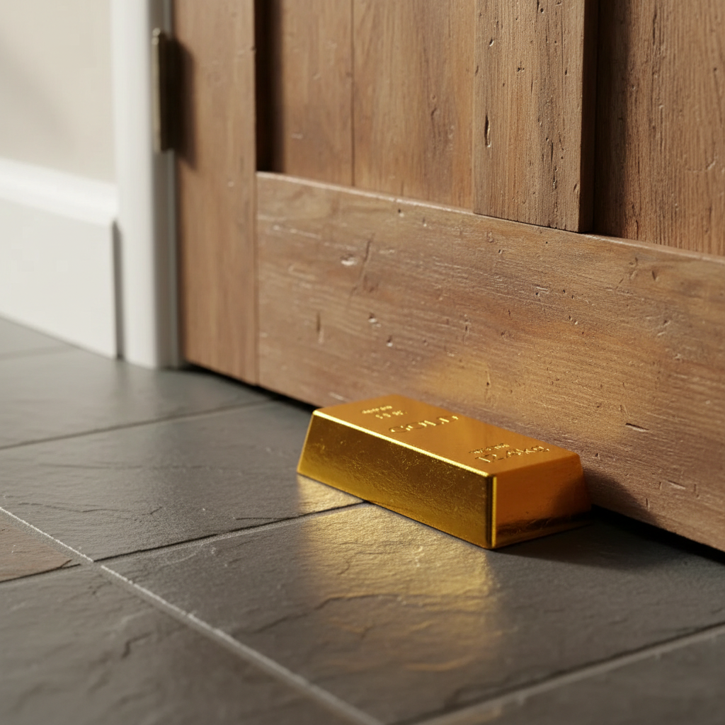 Gold bar on a tiled floor next to wooden paneling