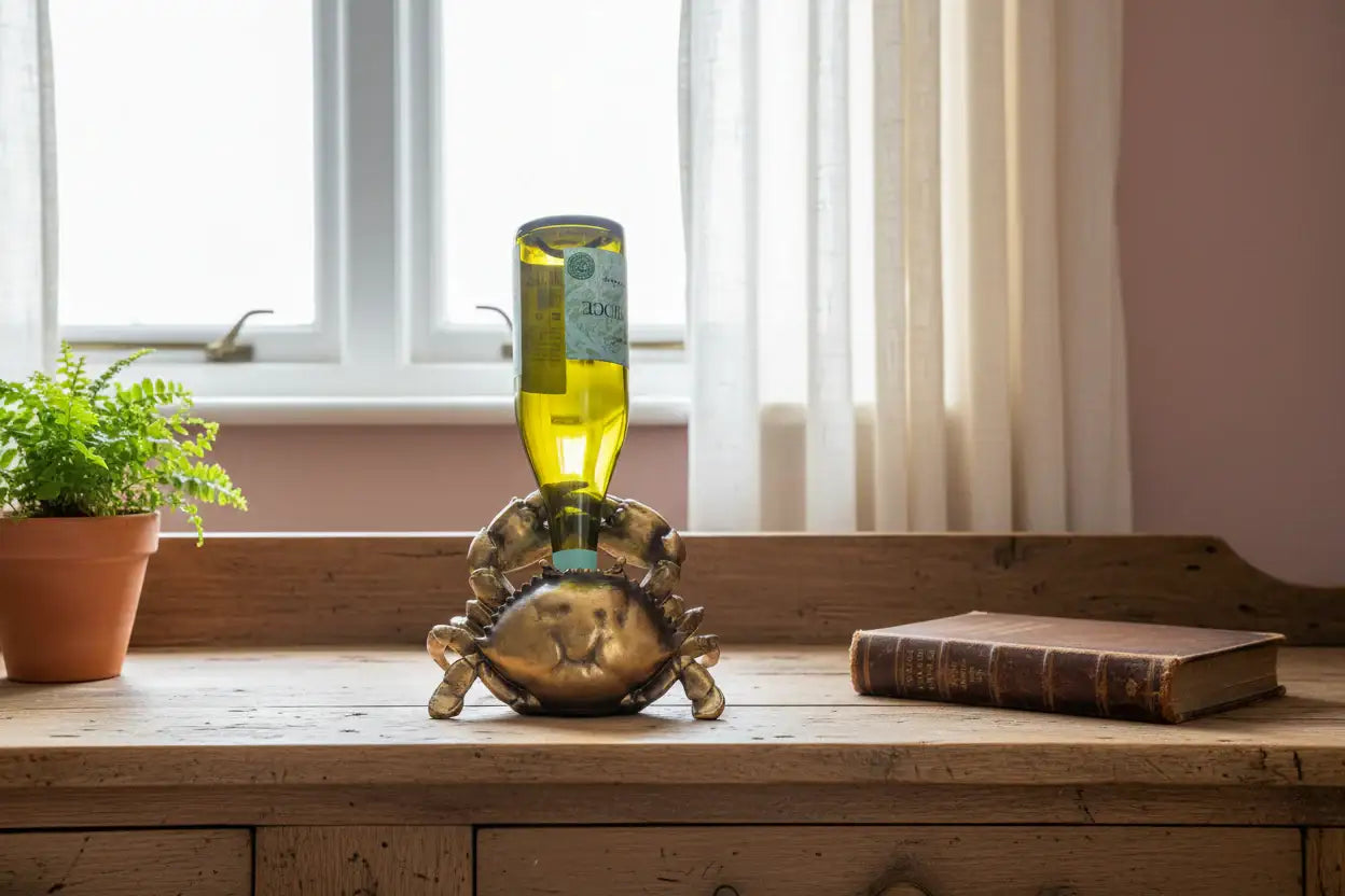 Decorative bottle holder with a bottle on a wooden surface near a window.
