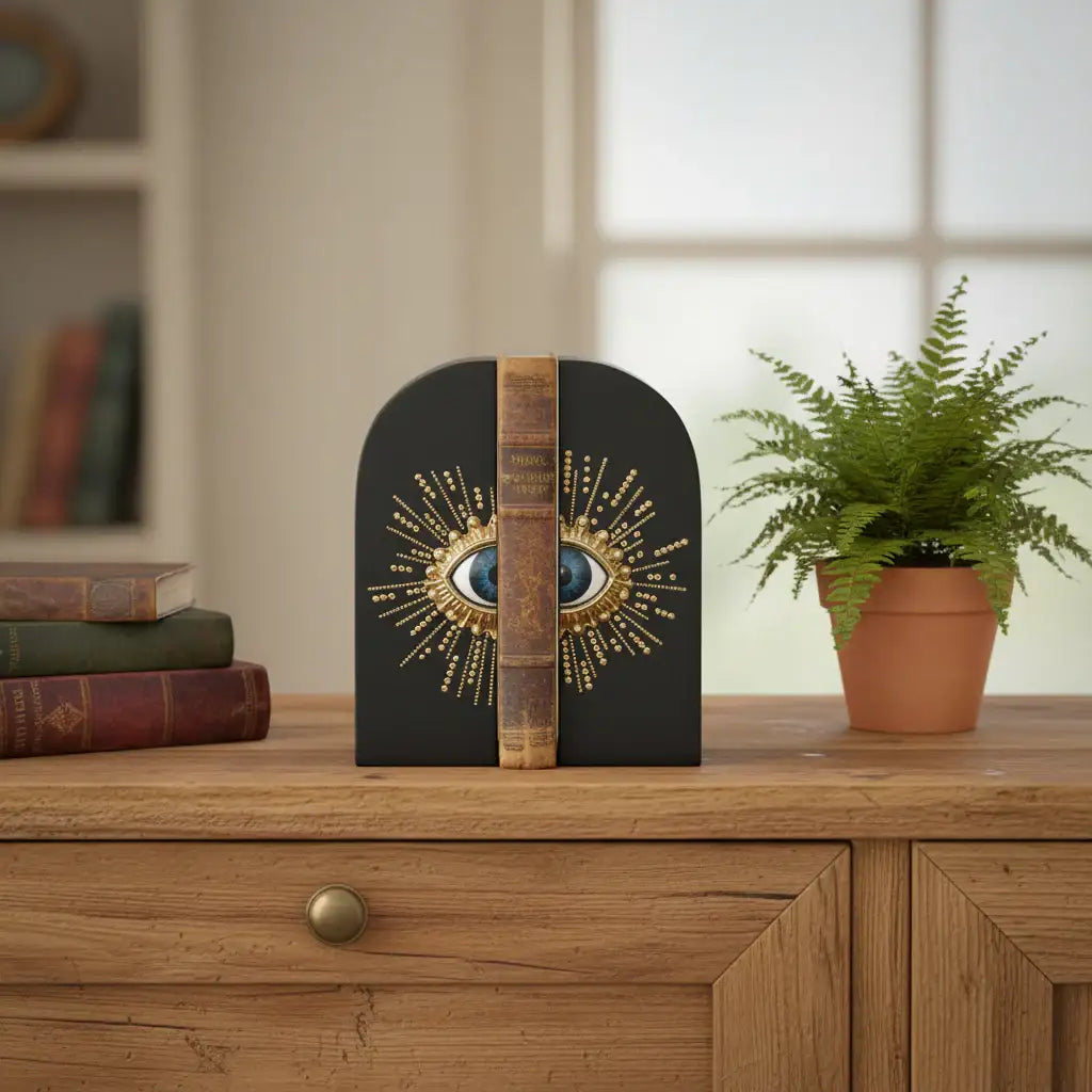 Decorative bookend with eye design on a wooden surface with books and a plant in the background.