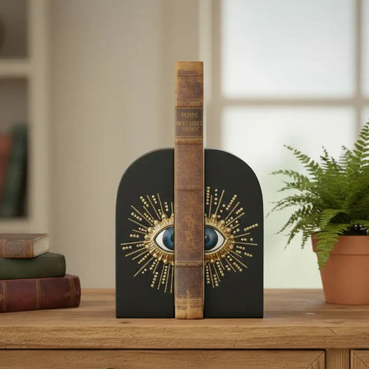 Decorative bookend with eye design on a wooden surface with books and a plant in the background.