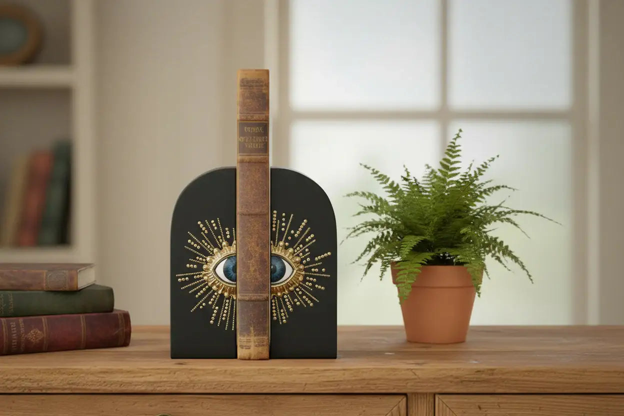 Decorative bookends with eye design on a wooden surface next to a potted plant.