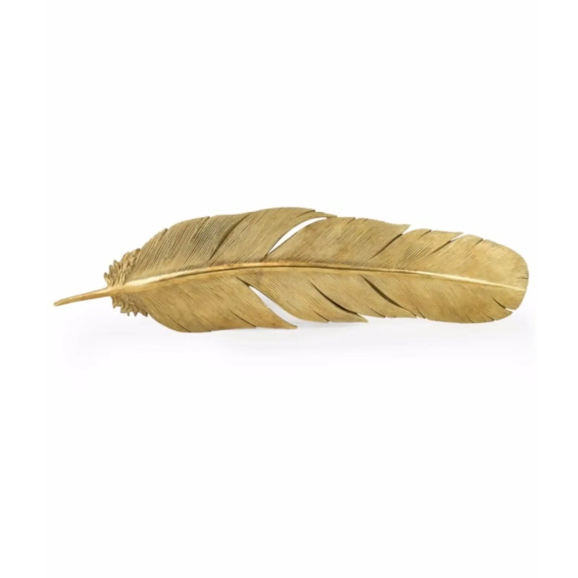 Gold feather-shaped object on a white background