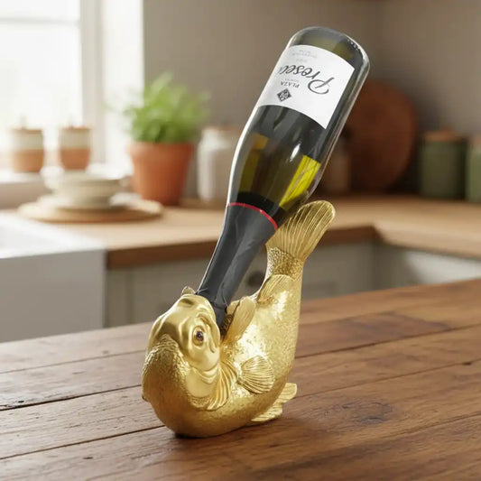 Gold fish-shaped wine bottle holder with a wine bottle on a wooden table.