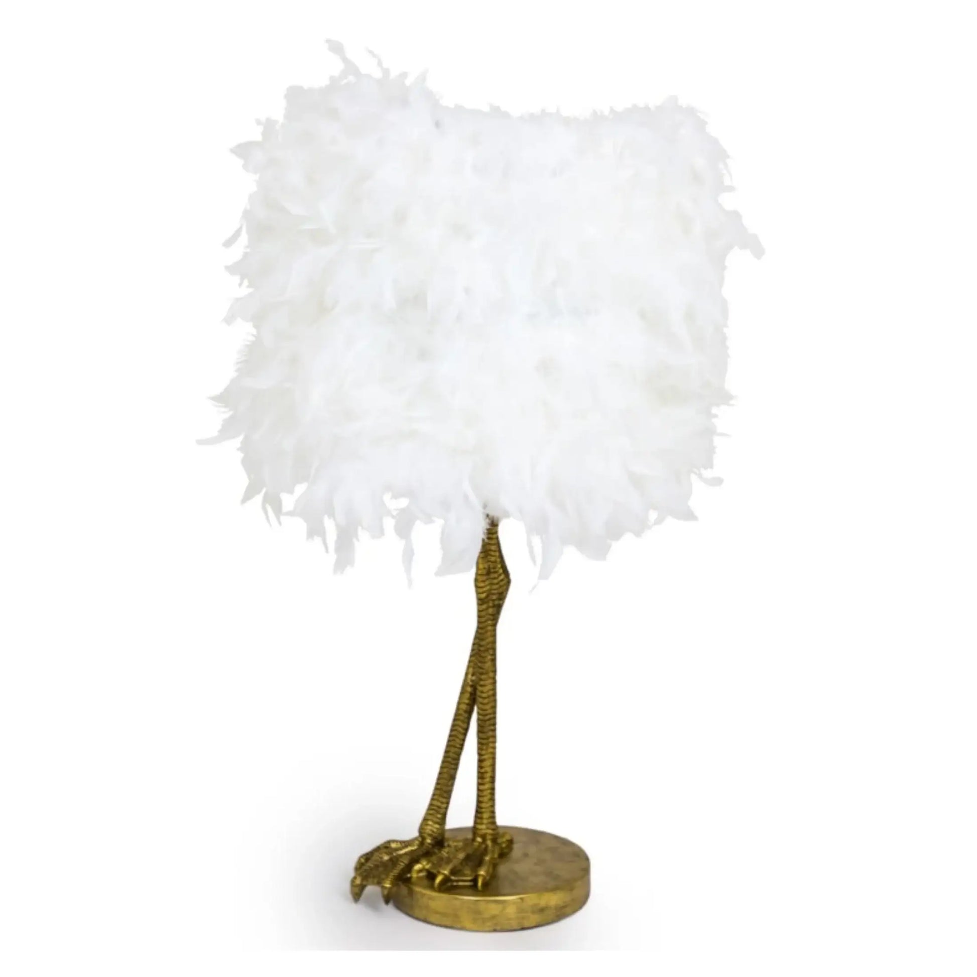 Decorative lamp with white feathered shade and gold base on a white background