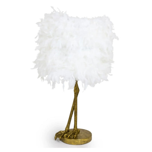 Decorative lamp with white feathered shade and gold base on a white background