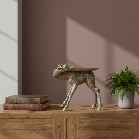 Gold deer-shaped side table on a wooden surface with a brick wall background