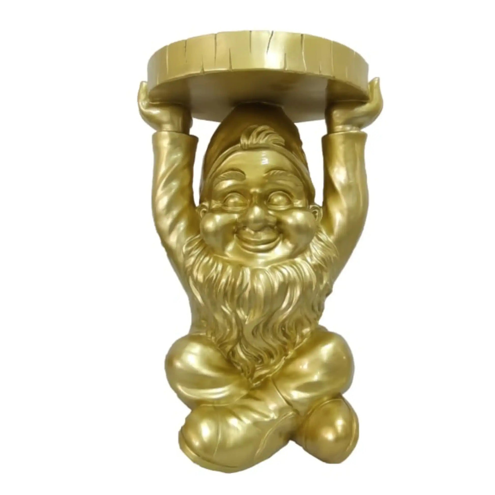 Gold gnome statue holding a round object on a white background