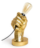 Gold hand-shaped lamp with a light bulb on a white background