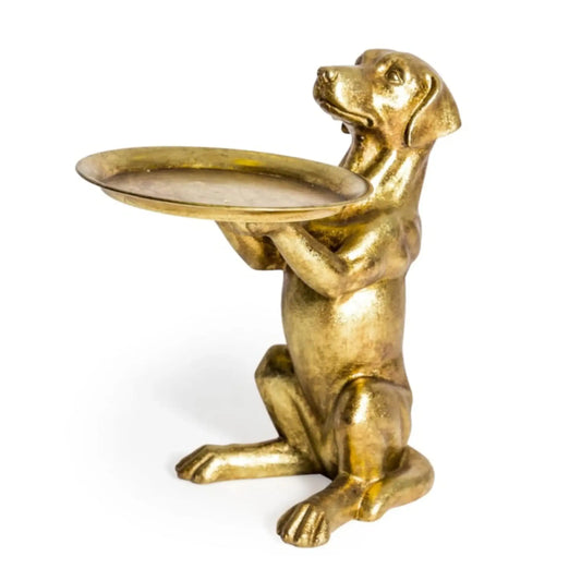 Gold dog-shaped holder with a tray on a white background