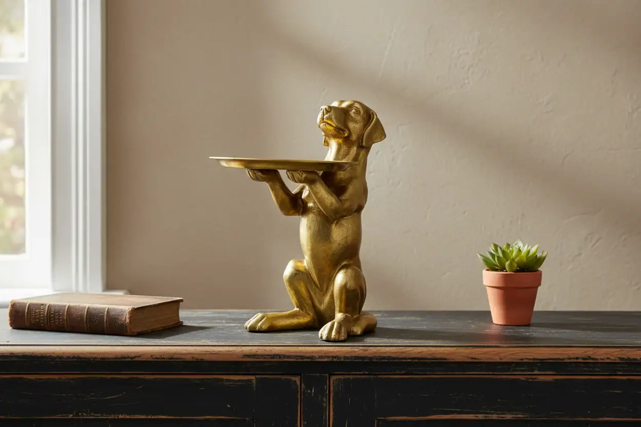 Gold dog statue holding a tray on a wooden surface with a plant and book in the background.