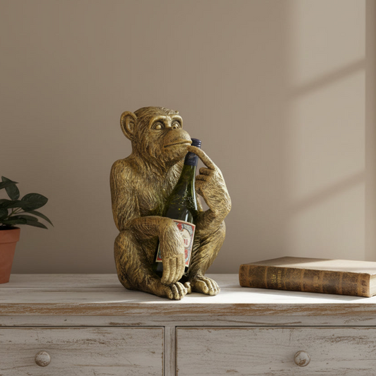 Decorative monkey statue holding a bottle on a wooden surface with a plant and book in the background.