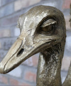Bronze statue of an ostrich head with a blurred background