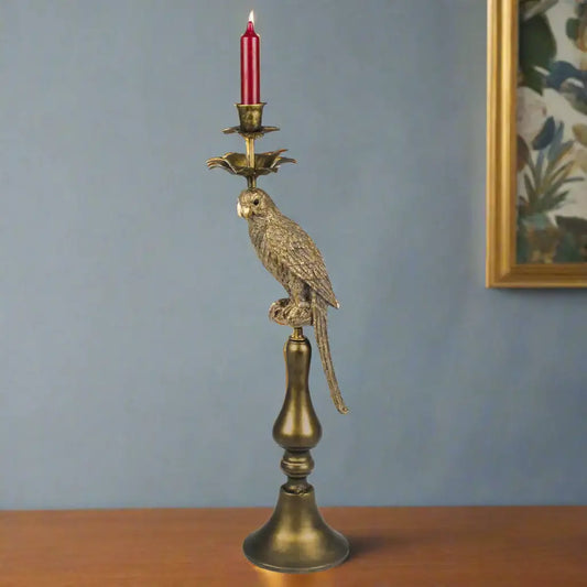 Decorative candle holder with parrot design on a white background