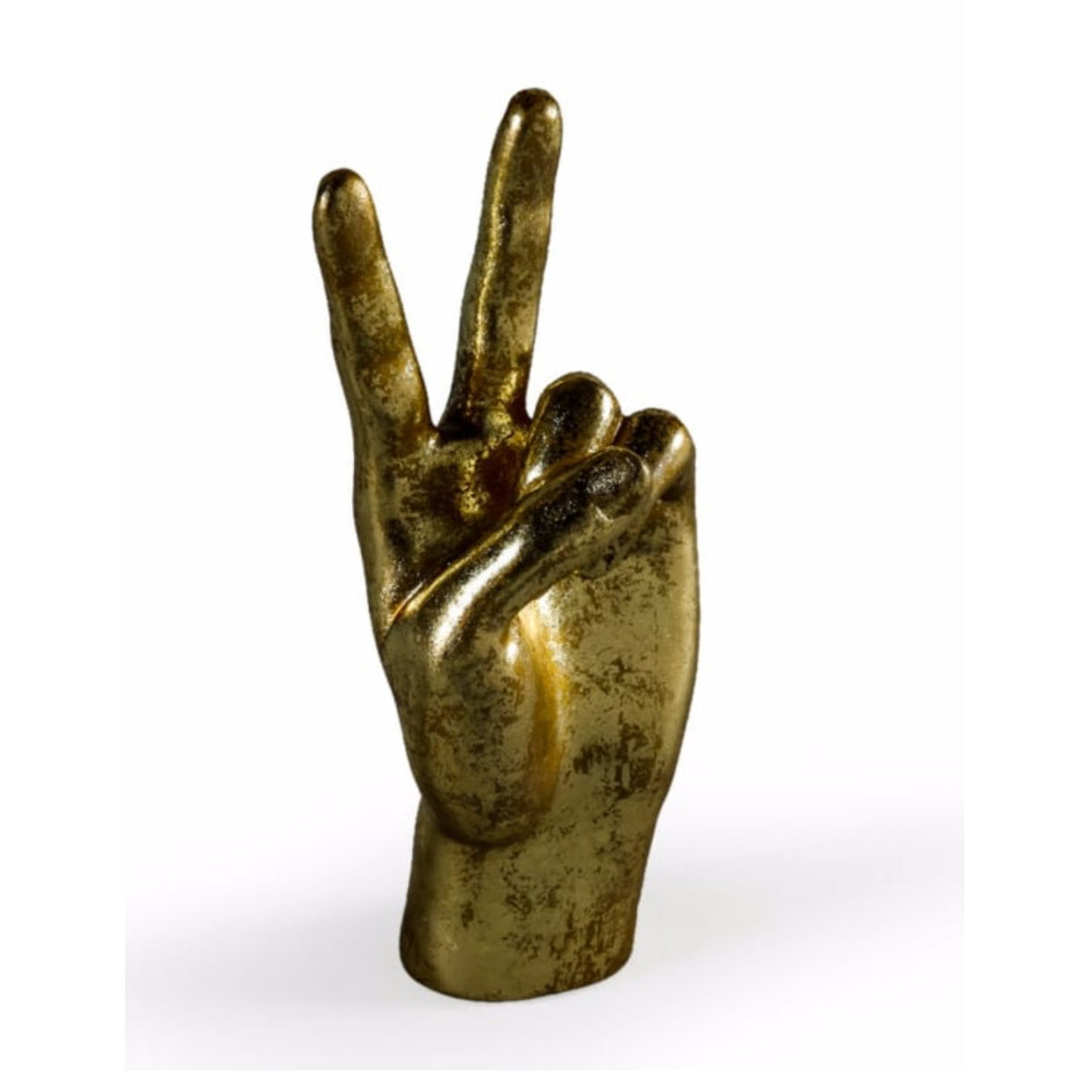 A metallic gold sculpture of a hand making the peace sign, set against a plain white background.