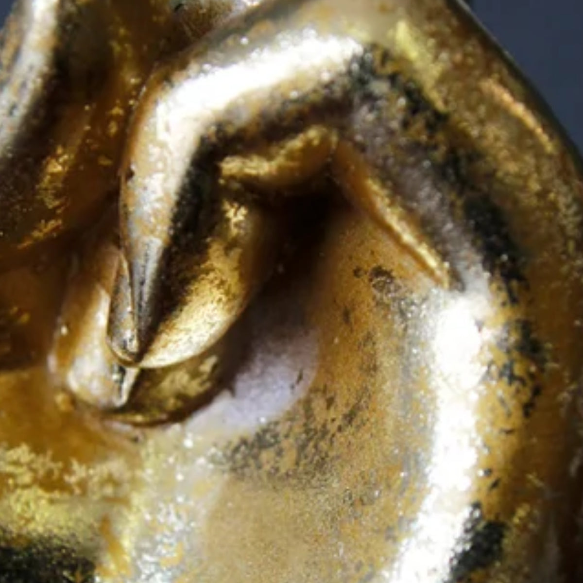 Close-up of a metallic gold object with a sculpted curved form and dark oxidized or patina details.