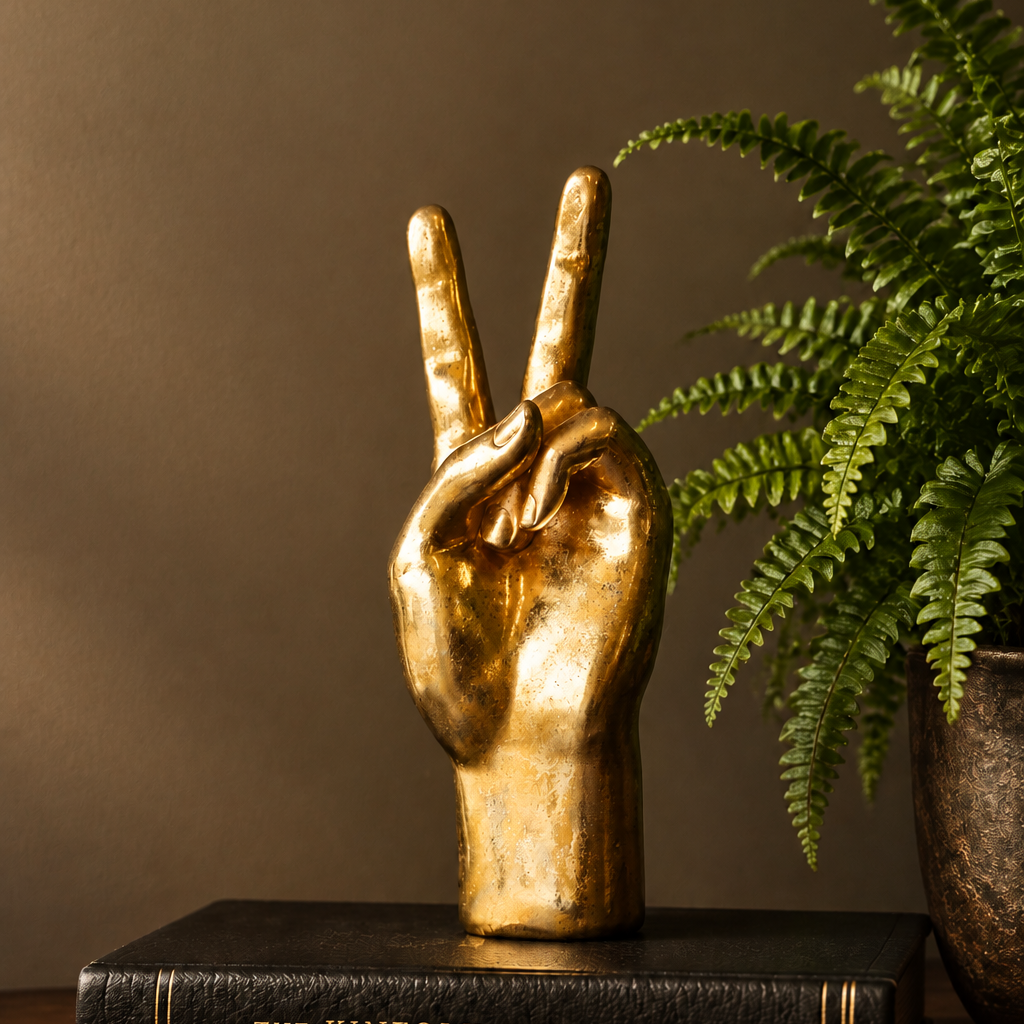 A gold-finished decorative sculpture of a hand making the peace sign, displayed on a black book next to a green potted fern against a warm brown background.