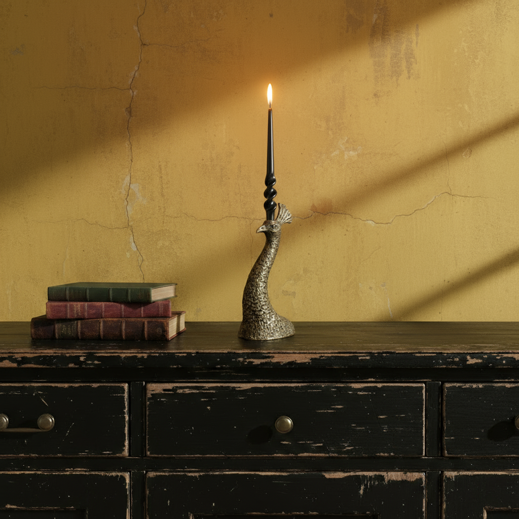 Decorative candlestick with a lit candle on a wooden surface against a yellow wall.