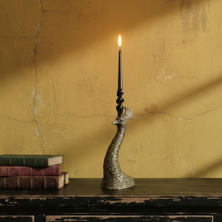 Decorative peacock-shaped candle holder with a lit candle on a wooden surface against a textured yellow wall.