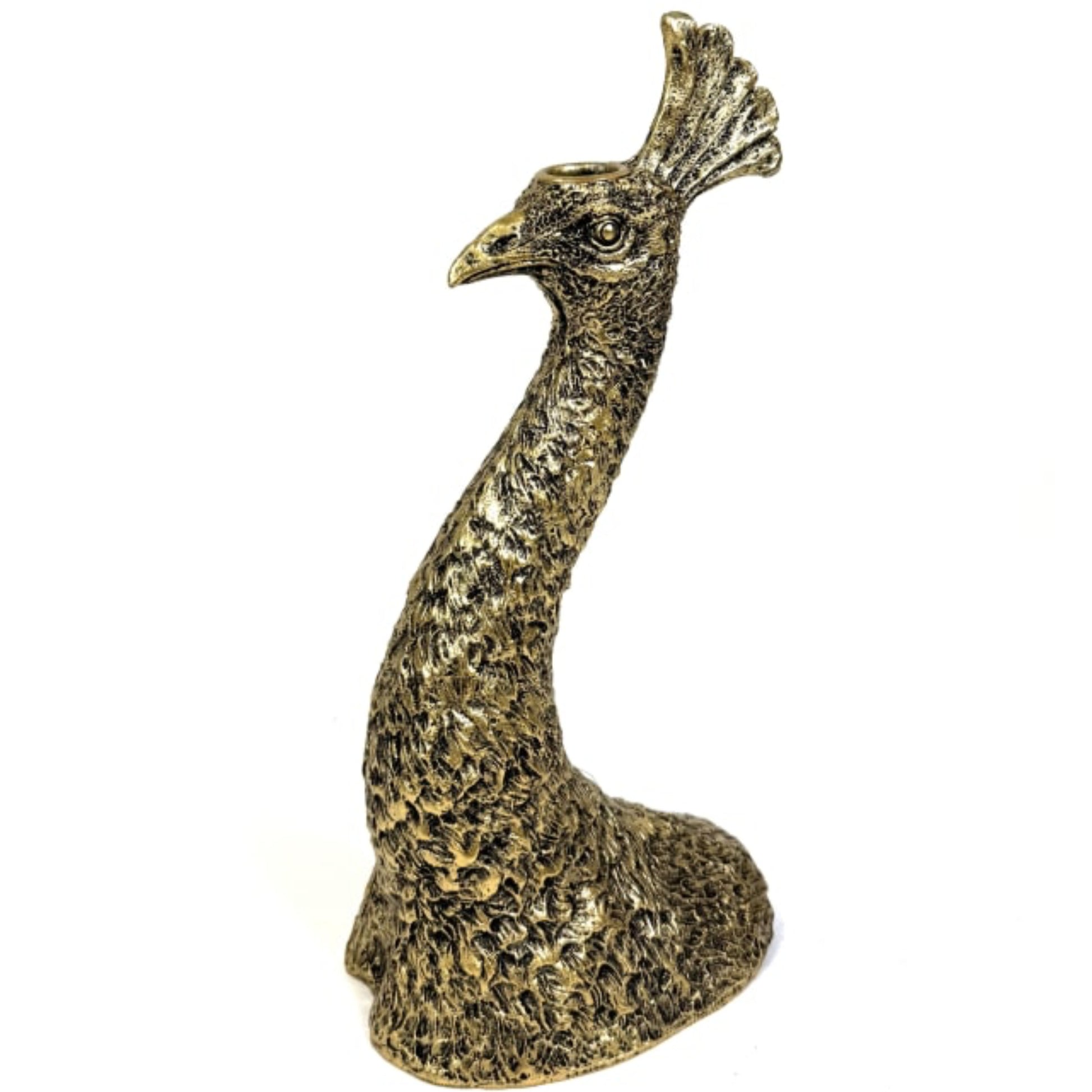Bronze peacock statue on a white background