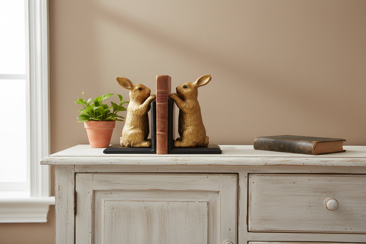 Gold rabbit-shaped bookends on a gray background
