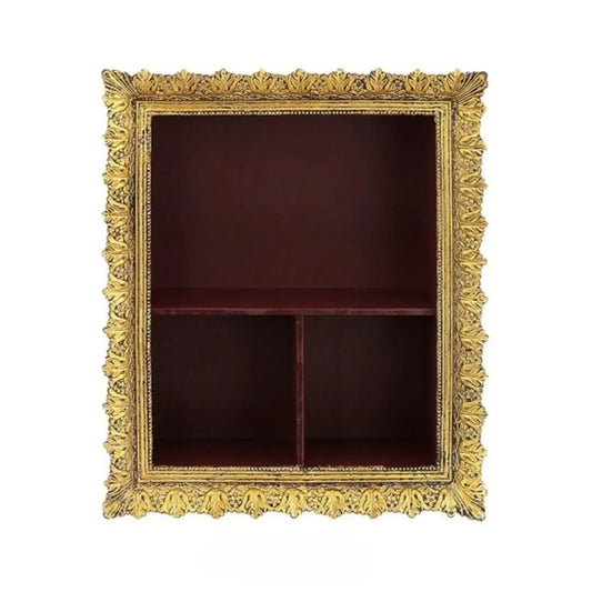 Decorative gold-framed shelf with a dark red interior on a white background