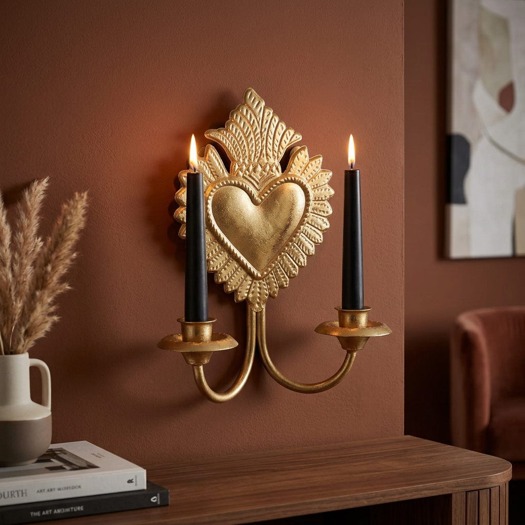 Gold Sacred Heart Double Wall Candle Sconce – Antique Gold Decorative Candle Holder