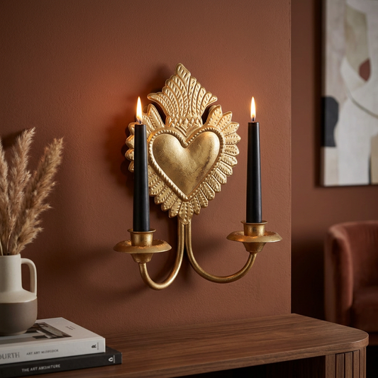 Gold Sacred Heart Double Wall Candle Sconce – Antique Gold Decorative Candle Holder