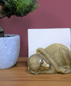 Gold monkey figurine on a wooden surface with a plant and white candle in the background.