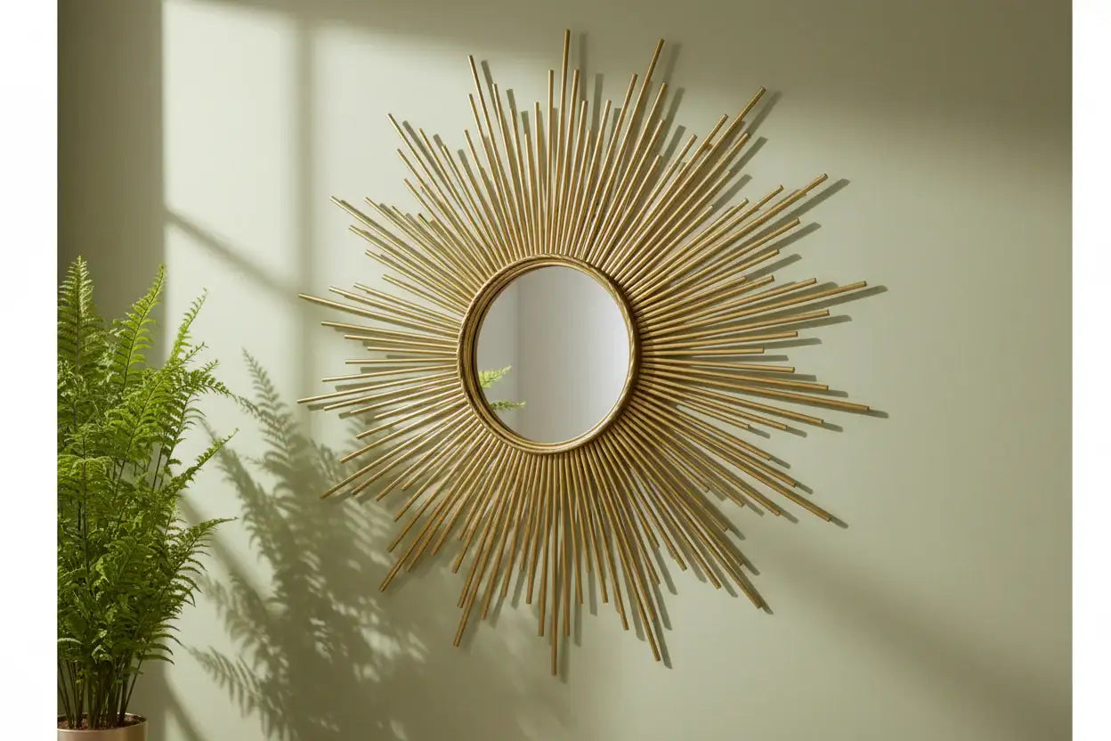 Decorative gold sunburst mirror on a wall with candles and books in the corner.