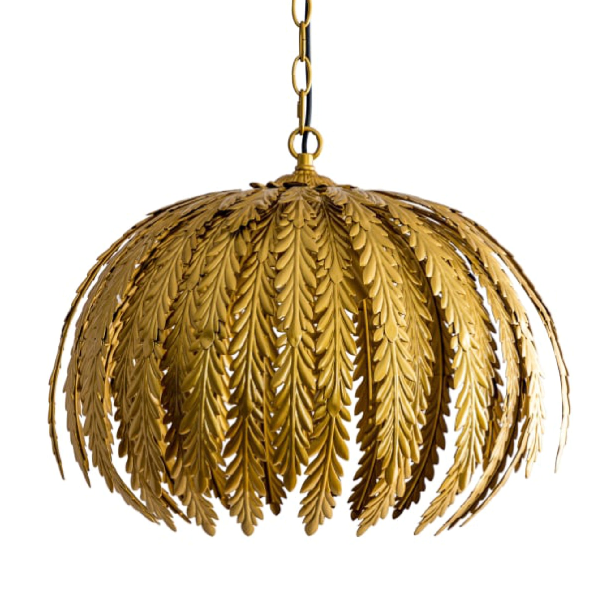 Gold leaf-patterned pendant light on a white background