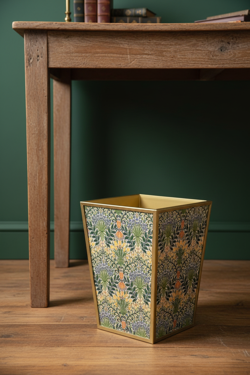 Decorative trash can with floral pattern on a wooden table against a green wall.