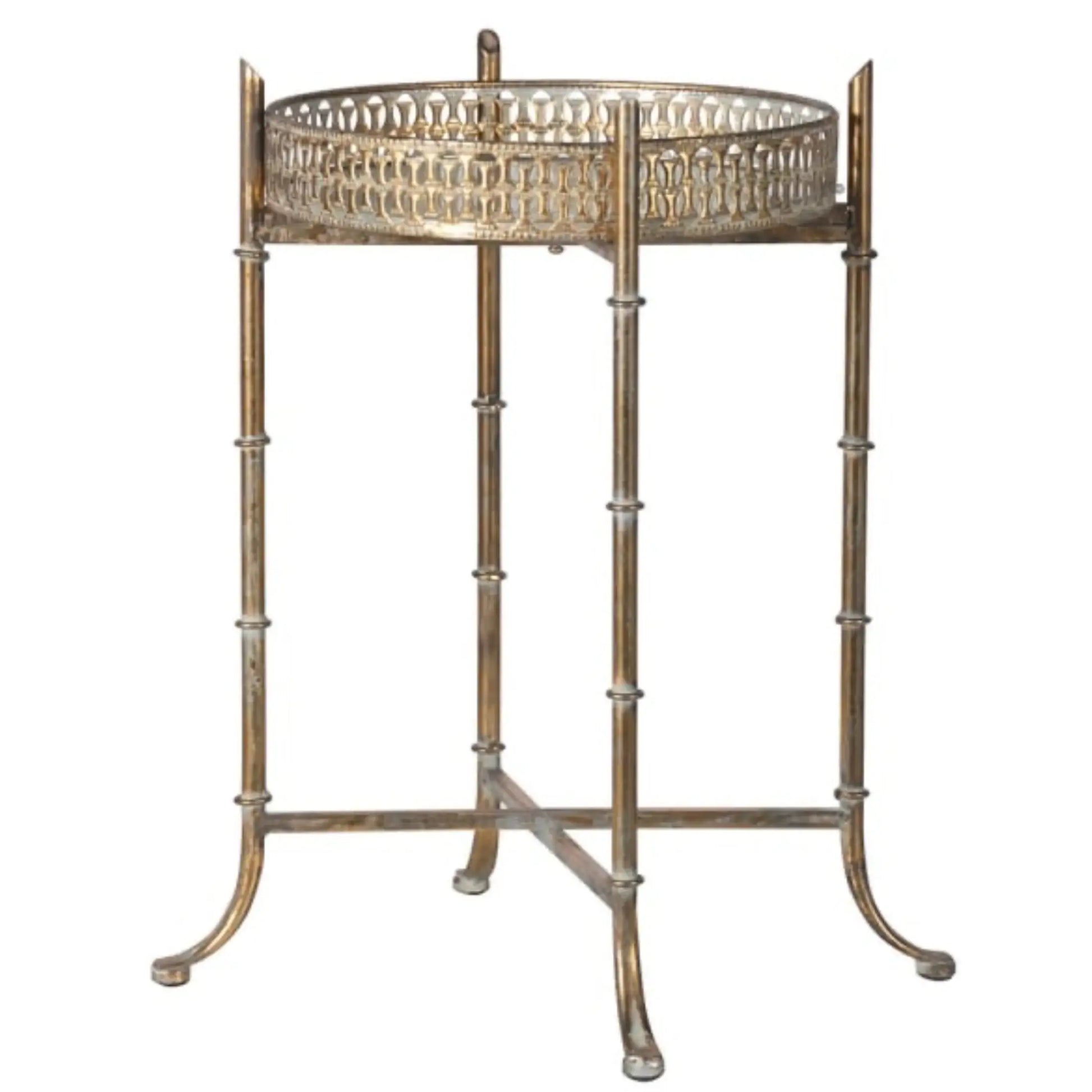 Decorative metal side table with a round top on a white background