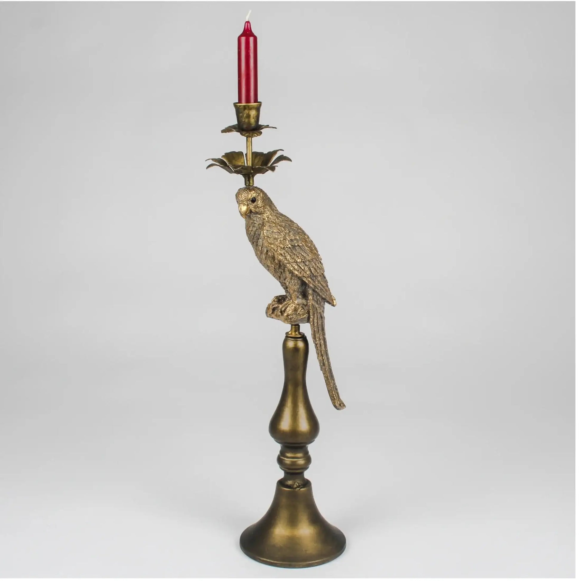 Decorative candle holder with parrot design on a white background