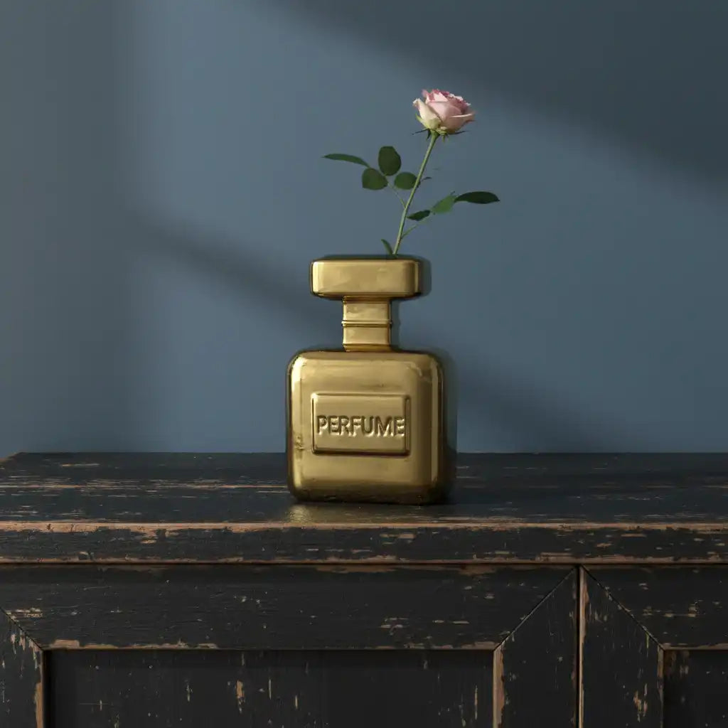 Gold perfume bottle with a pink rose on a dark wooden surface against a blue wall