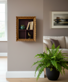 Decorative wall shelf with books and a bird figurine in a living room setting.