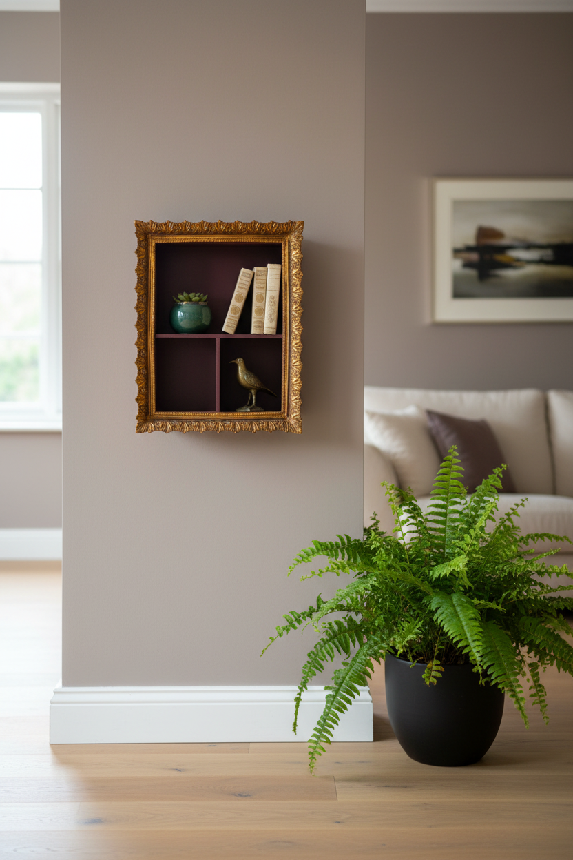 Decorative wall shelf with books and a bird figurine in a living room setting.