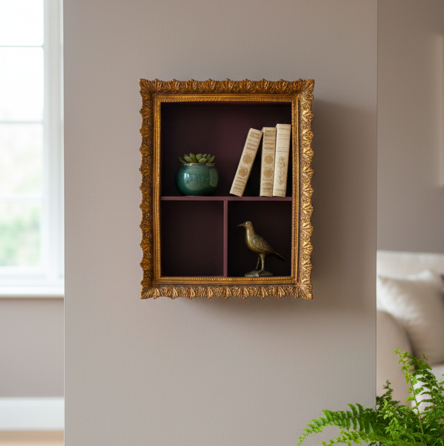 Decorative wall shelf with gold frame containing books, a bird figurine, and a green vase.