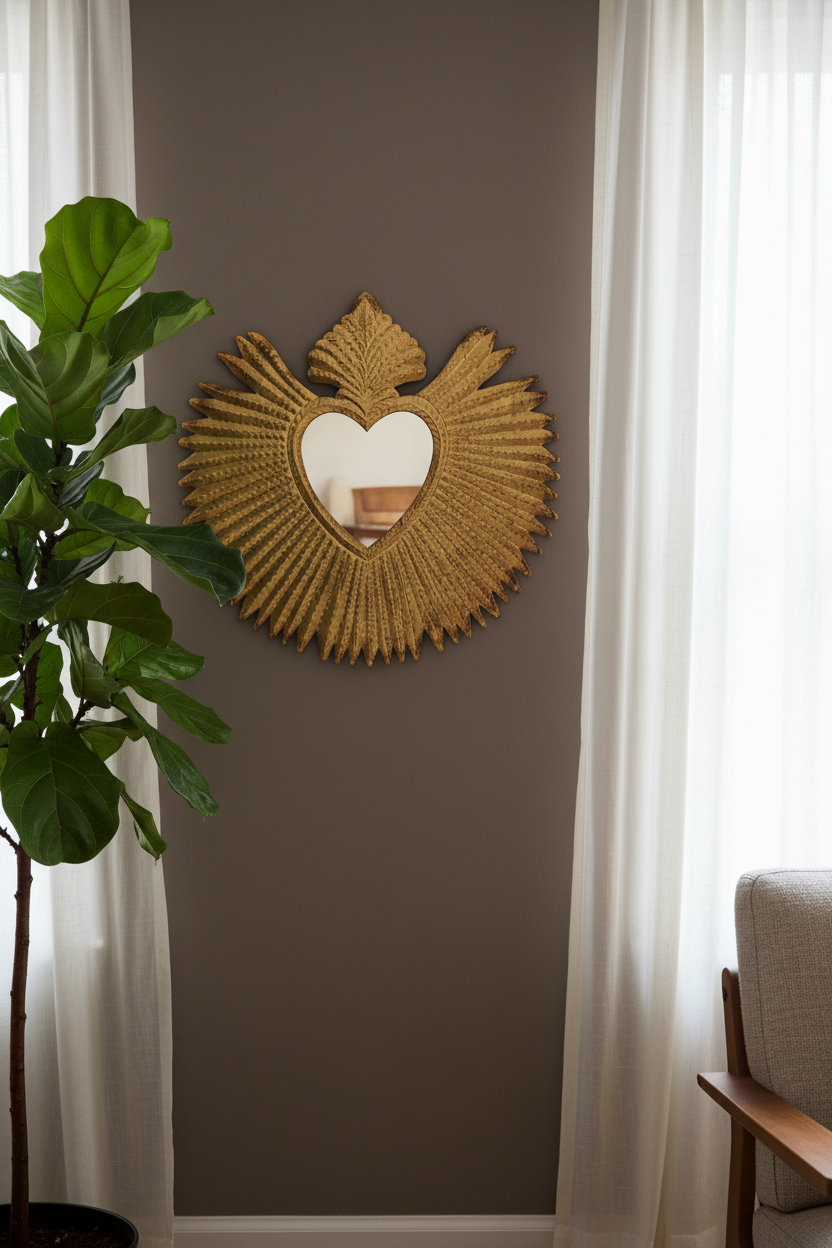 Decorative heart-shaped mirror on a wall with a plant and chair in the background