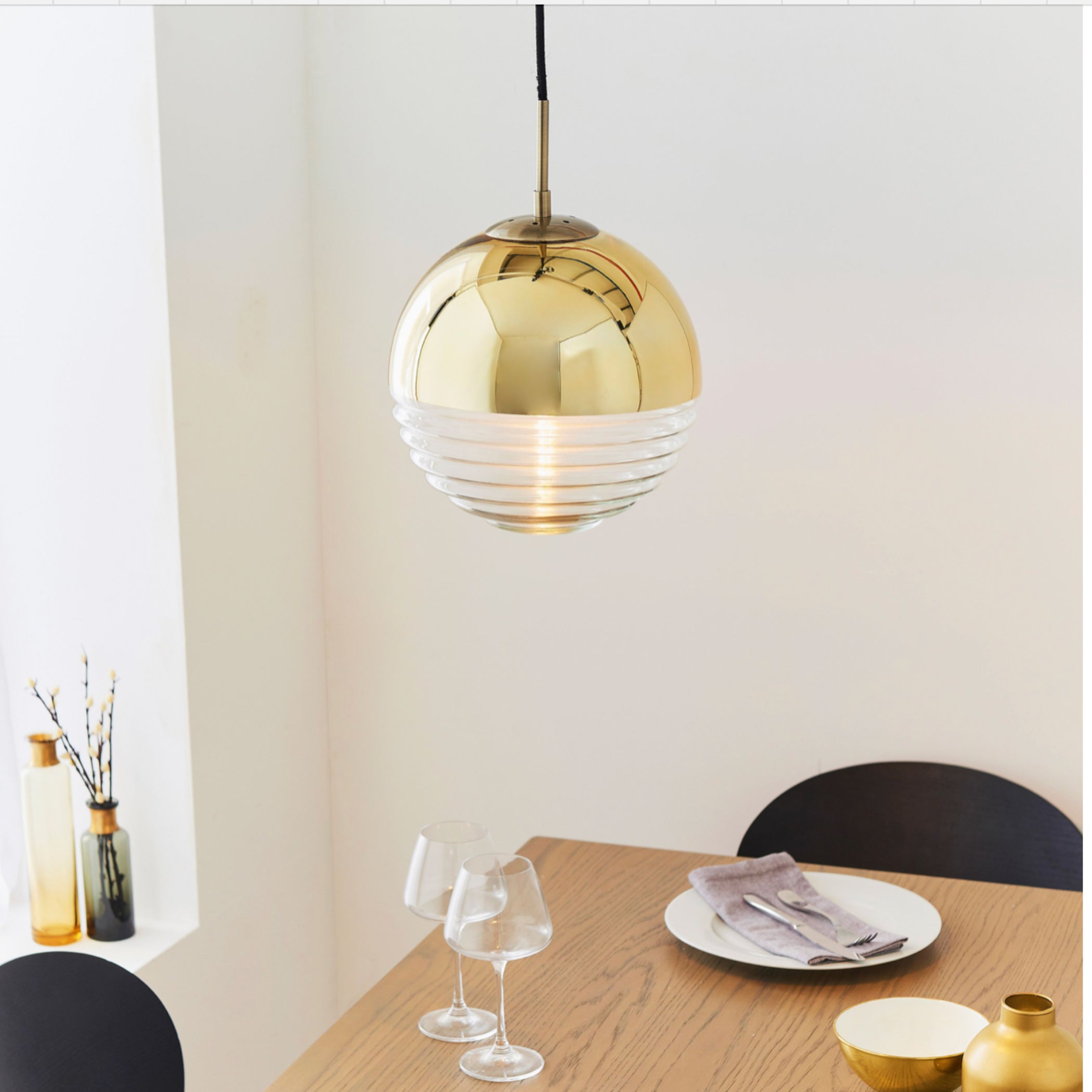 Gold and Clear Ribbed Spherical Ceiling Pendant