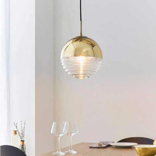 Gold and Clear Ribbed Spherical Ceiling Pendant - The Farthing