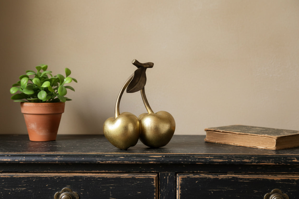 Decorative gold cherries on a wooden surface with a plant in the background