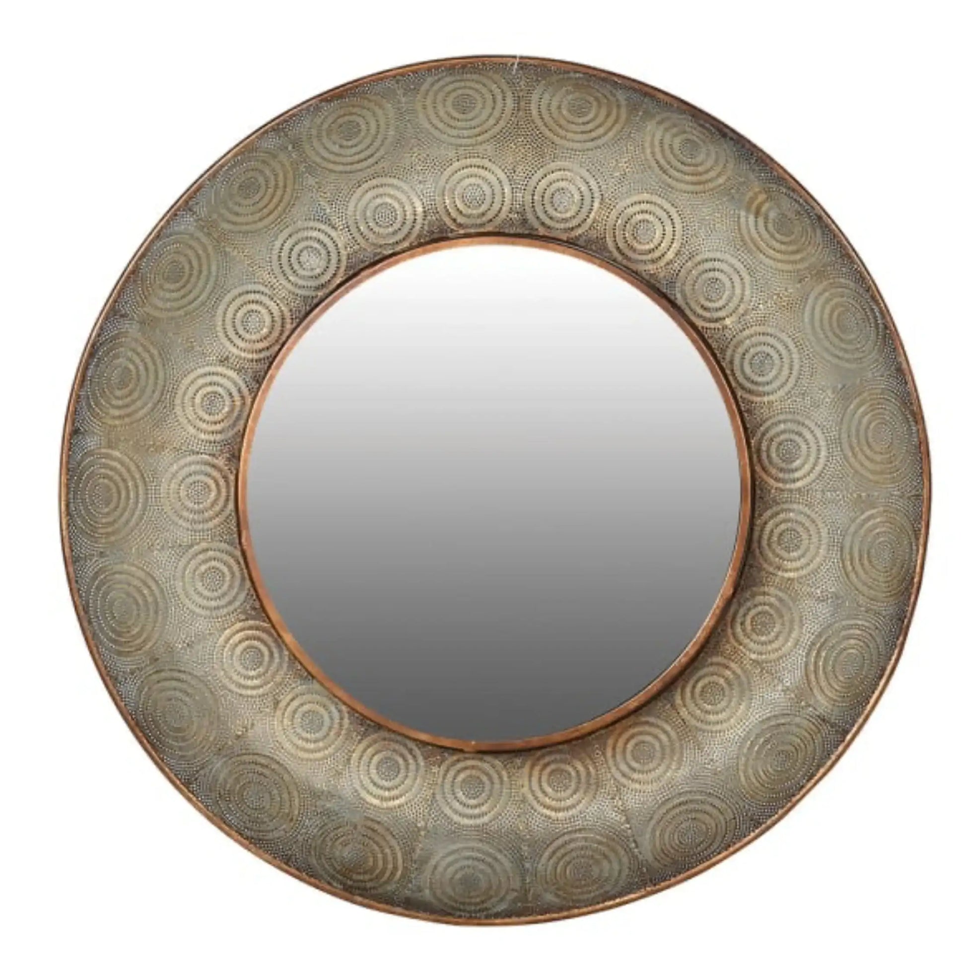 Round mirror with decorative circular pattern on a white background