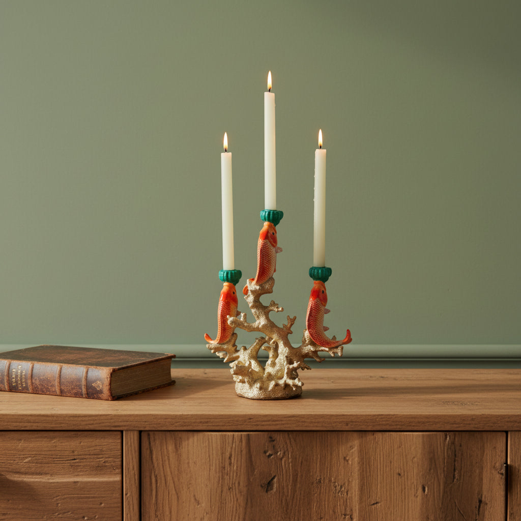 Candle holder with coral design holding four candles on a white background