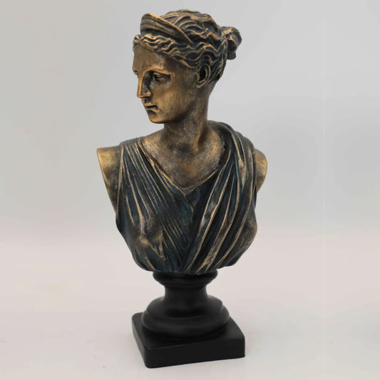 Bronze bust of a classical figure on a white background
