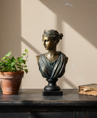 Bronze bust, potted plant, and old book on a wooden surface with a beige wall background
