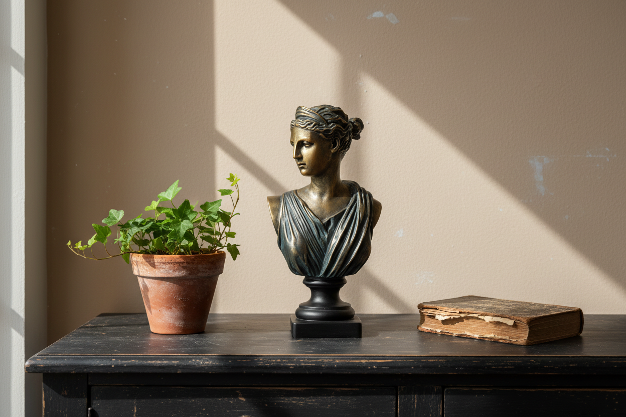 Bronze bust, potted plant, and old book on a wooden surface with a beige wall background