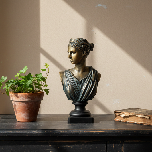 Bronze bust of a woman on a wooden surface with a plant and book in the background