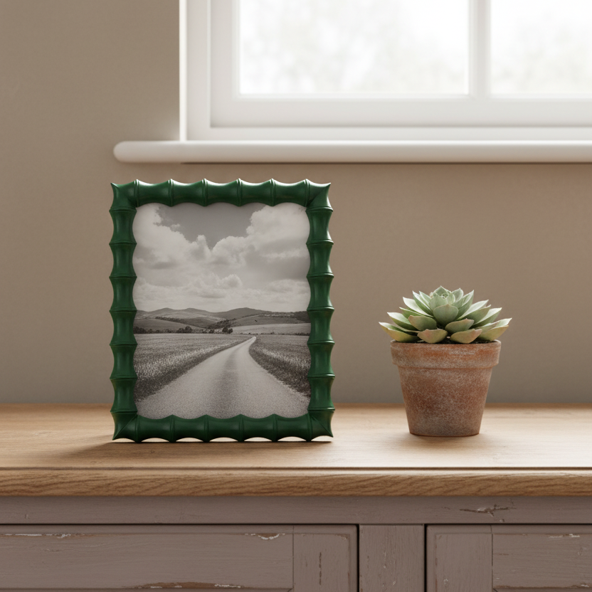 Green textured picture frame with a black and white photo on a wooden surface next to a potted succulent.