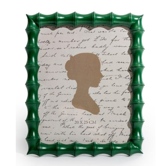 Green bamboo-style picture frame with a brown silhouette and text on a white background