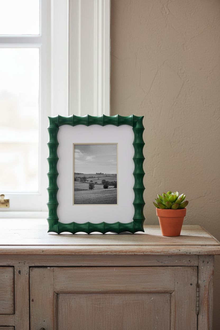 Framed picture on a wooden surface with a potted plant